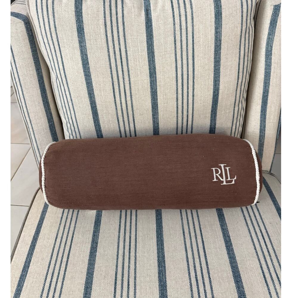 Ralph Lauren Brown Bolster Pillow RLL Logo Embroidered Accent Decorative
